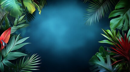 Wall Mural - A vibrant tropical foliage backdrop with lush green leaves and a soft blue center, perfect for a nature-themed design or presentation.