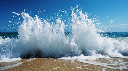 A dynamic wave crashing onto the shore, creating a splash of white foam against the sand.