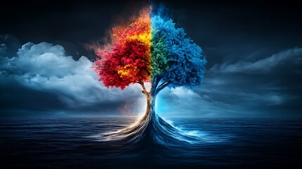 Wall Mural - a vibrant tree split into fiery red and cool blue halves, set against a dramatic dark sky and water 