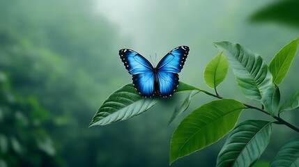 Wall Mural - a vibrant blue butterfly resting on green leaves in a serene, misty forest setting.