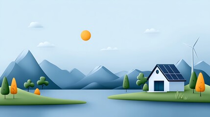 Wall Mural - A serene landscape featuring a solar-powered house by a lake, surrounded by mountains and trees, under a bright sun, symbolizing sustainability and nature.