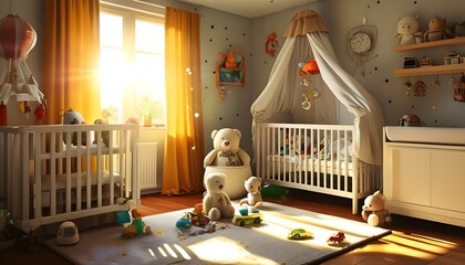 Wall Mural - Sunlit Babys Room Adorned with Colorful Toys