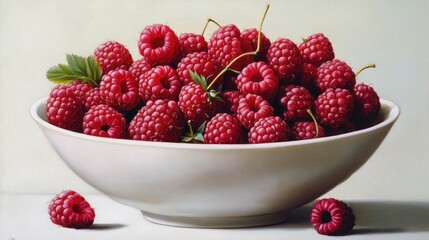 Wall Mural - A Bowl of Fresh, Red Raspberries with Two Raspberries in the Foreground