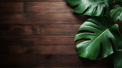 Lush green monstera leaves on a brown wooden background.