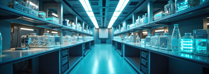 Wall Mural - futuristic laboratory interior with glass containers for cell therapy research