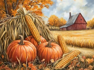 Poster - Autumn scene with pumpkins and corn in a natural setting on haystack