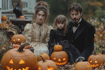 Wall Mural - A Victorian family hosting a Halloween party with apple bobbing, ghost stories, and candlelit jack-o'-lanterns. Concept of Halloween in Victorian England.