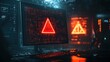 © CStock - A computer screen displaying a red warning symbol with binary code and hacker icons in the background, representing the concept of cyberattacks, with a dark and ominous atmosphere