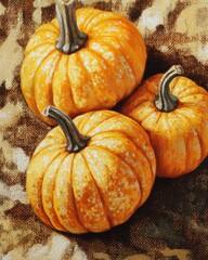 Poster - close small pumpkins on woven fabric