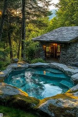 Wall Mural - A small cabin in the woods with a hot tub in the middle