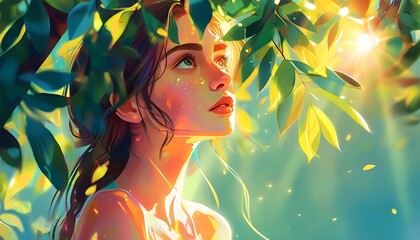 Wall Mural - Radiant summer scene featuring a gorgeous girl beneath tree leaves, bathed in warm sunlight rays