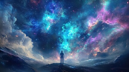 Canvas Print - A Solitary Figure Gazing at a Cosmic Landscape of Stars and Nebulae