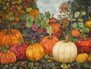 Canvas Print - autumn garden with vibrant pumpkins