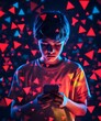 © Keattipoom - Digital Safety Alert - Young Boy with Phone Surrounded by Warning Icons on Dark Background