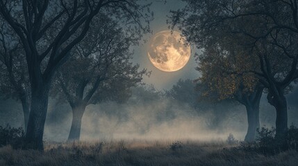 Wall Mural - misty forest with dry trees and full moon in dark night setting