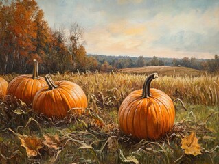 Poster - Harvest season pumpkins in a field