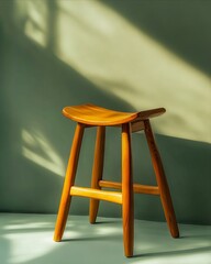 A wooden stool sitting on top of a white floor