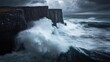 © pinporn manosri - A powerful storm wave crashing against rocky cliffs, sending white spray into the air.