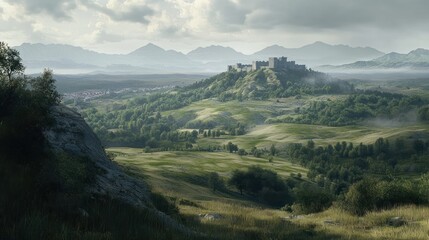 Poster - Stone Castle Perched on a Hilltop Amidst Rolling Green Hills