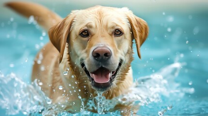 Labrador Retriever swimming in a pool, water splashing, sunny day, high detail, vibrant colors, photorealistic, dynamic and fun