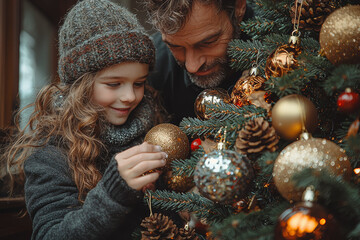 Sticker - A family decorating a Christmas tree, but the ornaments are all mismatched and falling apart. Concept of the imperfection of holiday traditions.