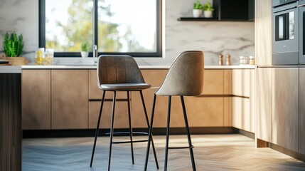 A sleek, modern bar stool with metal legs and a cushioned seat, placed by a kitchen island. -