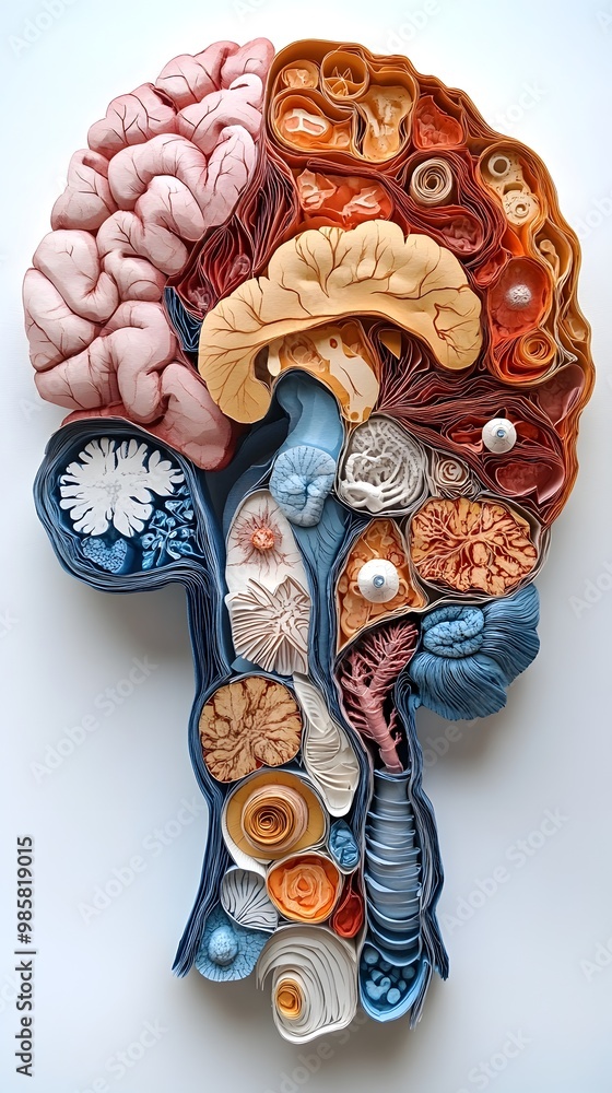 Detailed 3D Paper Cut of Human Brainstem Anatomy Revealing Midbrain ...