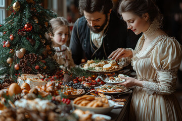 Canvas Print - A 19th-century Russian family celebrating Orthodox Christmas with a traditional feast and a decorated fir tree. Concept of Christmas in 19th-century Russia.