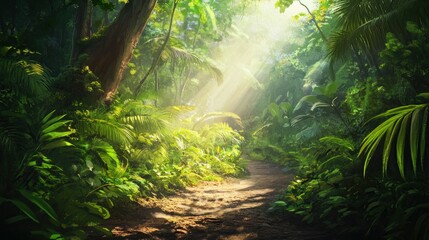 Canvas Print - Sunlit Path Through a Lush Tropical Rainforest