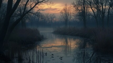 Canvas Print - Misty River at Sunset with Bare Trees and Silhouettes of Birds