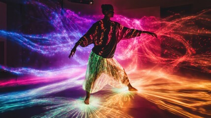 Canvas Print - A Woman in a Flowing Skirt Dancing Under Colorful Light Streaks