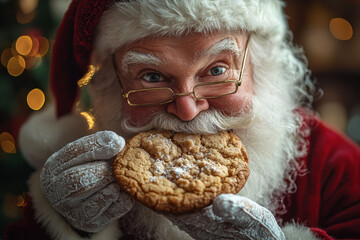 Wall Mural - Santa attempting to eat a huge cookie, but it's too big to fit in his mouth. Concept of holiday indulgence and humor.