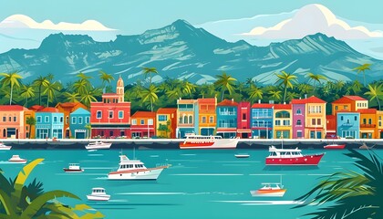 Wall Mural - Vibrant seaside provincial town with colorful buildings and boats, framed by lush mountains and palm trees in a picturesque landscape