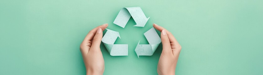 Hands holding a paper recycling symbol on a mint green background, showcasing eco-friendliness and sustainability concepts.