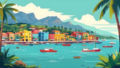 Wall Mural - Vibrant seaside provincial town with colorful buildings and boats, framed by lush mountains and palm trees in a picturesque landscape