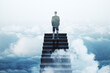 © Who is Danny - Businessman standing on stairs above the clouds, symbolizing progress and ambition.