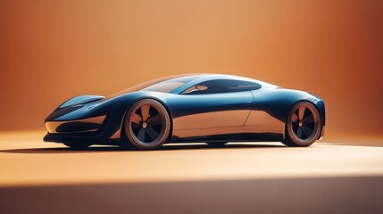 A futuristic, sleek, dark blue sports car sits on a light orange surface, its low profile and aerodynamic design emphasize speed and performance.