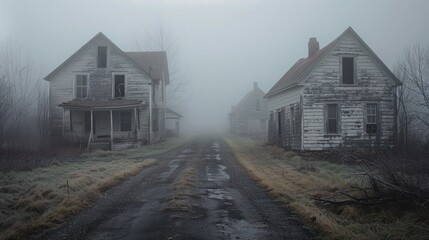 Sticker - Foggy Rural Road with Abandoned Houses