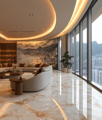 Wall Mural - Modern living room with city view and curved sofa.