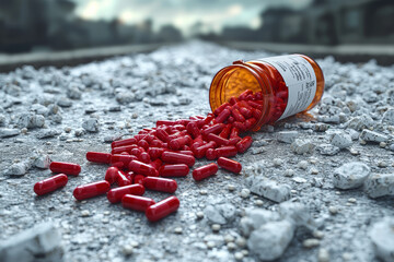 Poster - A pill bottle spilling out pills shaped like question marks, representing the uncertainty of modern medicine. Concept of healthcare challenges and the unknowns of treatment.