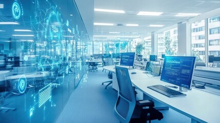 Canvas Print - Modern Office Interior with Digital Interface Overlays