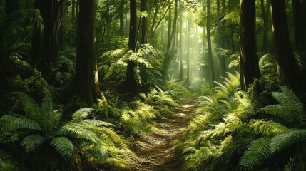 Wall Mural - Sunbeams Filtering Through a Dense Forest Path