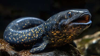 Wall Mural - Close Up of a Black and Gold Eel with Open Mouth