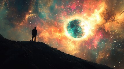 Sticker - A lone figure on a rocky hill gazes at a vibrant cosmic nebula with a glowing core.