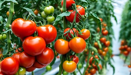 Wall Mural - Innovative greenhouse design highlighting efficient cultivation techniques for flourishing tomato plants in controlled environments