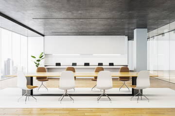 Wall Mural - Modern empty office interior with a large meeting table and chairs. 3D Rendering