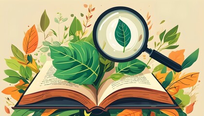 Wall Mural - Exploration of Environmental Science with a Magnifying Glass on an Open Book Showcasing Nature and Ecology Through a Leaf Symbol