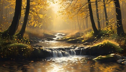 Wall Mural - Golden Stream Serenity in an Autumn Forest