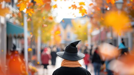 Wall Mural - A spooky yet whimsical Halloween parade showcasing a variety of witch and wizard costumes, with participants of all ages marching joyfully through a town square adorned with seasonal decor.