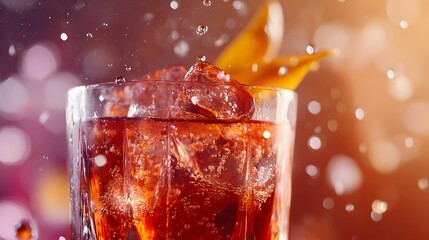 Close-up of a Red Cocktail with Ice and a Twist of Orange in a Glass